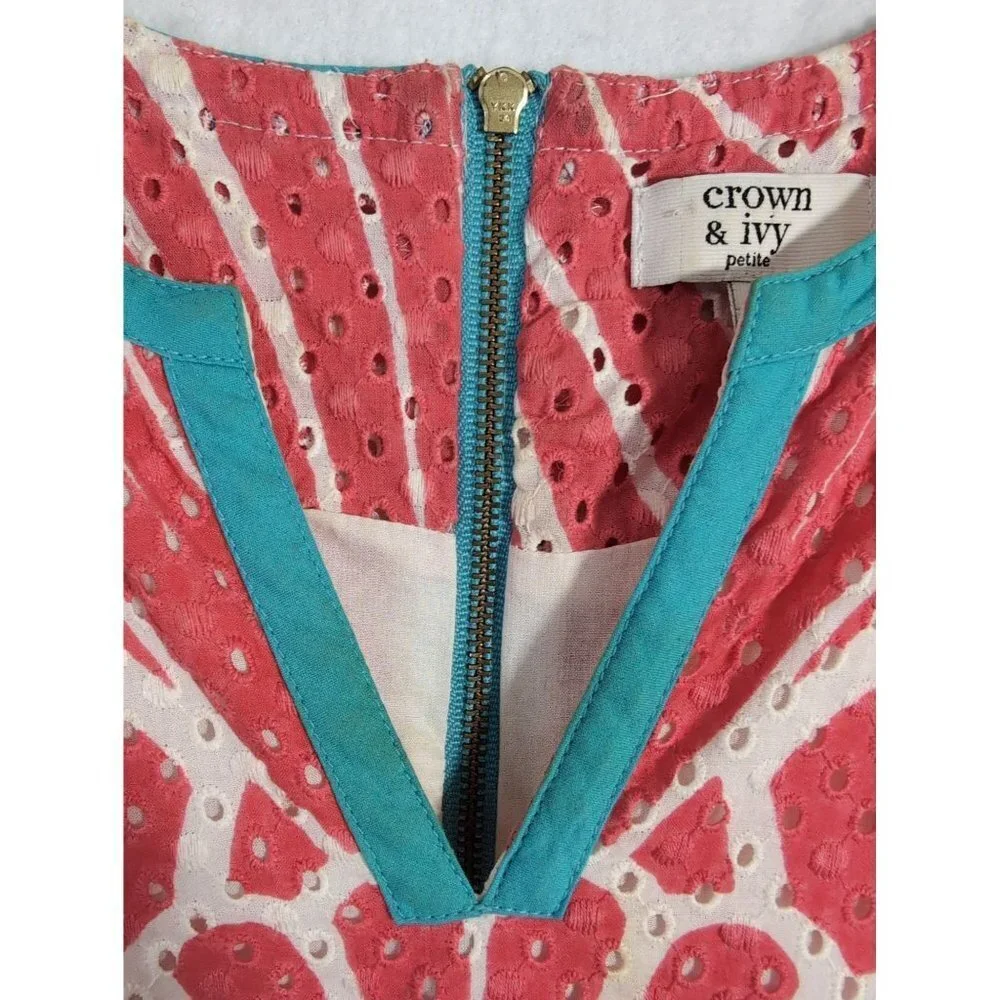 Crown & Ivy Shift Dress‎ Womens 6 Petite Coral Blue Shell Design Sleeveless
